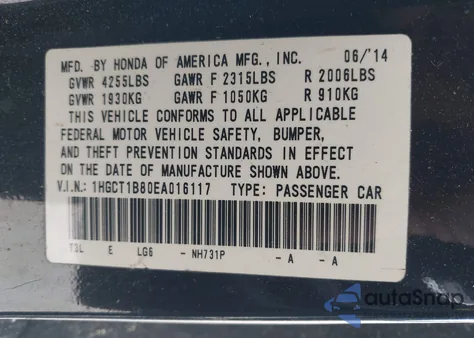 2014 Honda Accord Ex-L from USA, damaged, VIN 1HGCT1B80EA016117